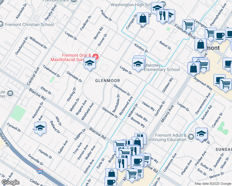 map of restaurants, bars, coffee shops, grocery stores, and more near 4625 Northdale Drive in Fremont