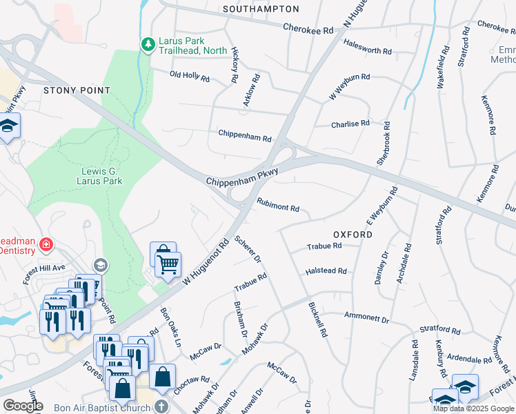 map of restaurants, bars, coffee shops, grocery stores, and more near 8481 Rubimont Road in Richmond