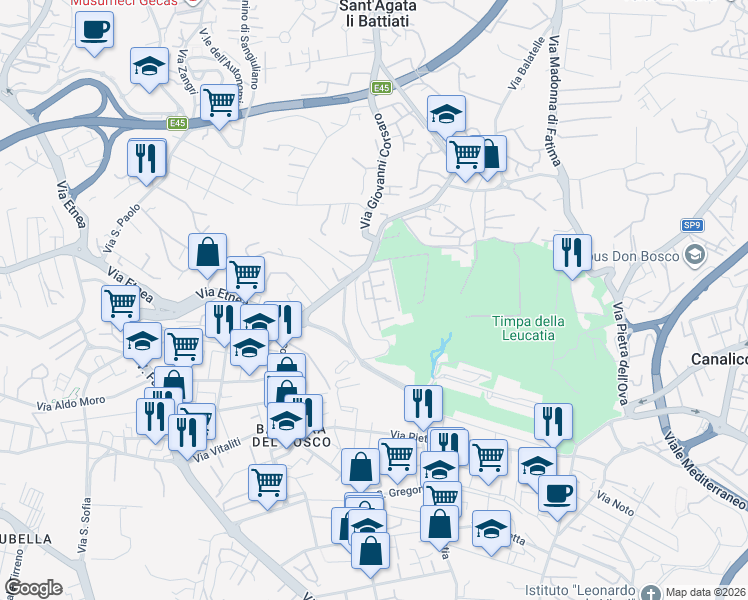 map of restaurants, bars, coffee shops, grocery stores, and more near 18 Via Don Luigi Sturzo in Sant'Agata li Battiati