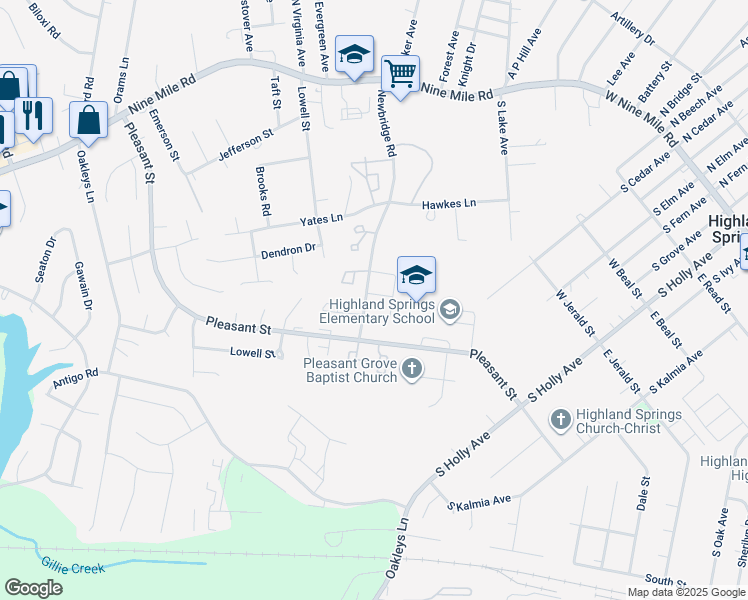 map of restaurants, bars, coffee shops, grocery stores, and more near 405 Acreview Drive in Henrico