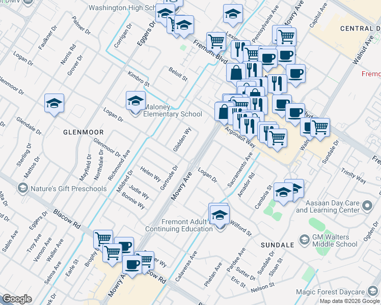 map of restaurants, bars, coffee shops, grocery stores, and more near 4446 Gertrude Drive in Fremont