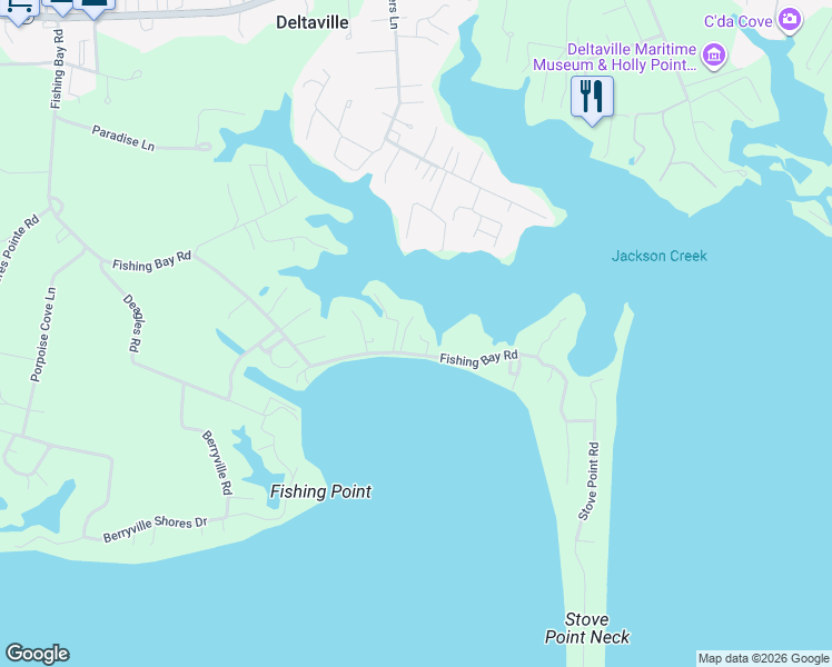 map of restaurants, bars, coffee shops, grocery stores, and more near 1311 Fishing Bay Road in Deltaville
