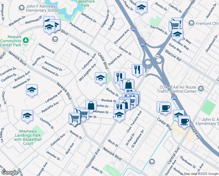 map of restaurants, bars, coffee shops, grocery stores, and more near 36638 Bishop Street in Newark
