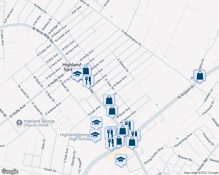 map of restaurants, bars, coffee shops, grocery stores, and more near 22 North New Avenue in Highland Springs