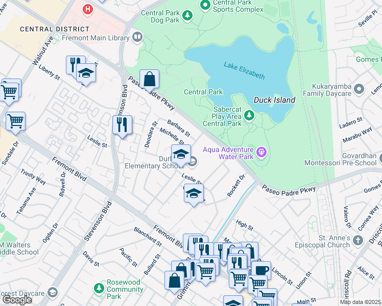 map of restaurants, bars, coffee shops, grocery stores, and more near 3248 Mission View Drive in Fremont