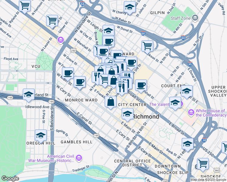 map of restaurants, bars, coffee shops, grocery stores, and more near 210 East Grace Street in Richmond