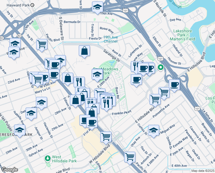 map of restaurants, bars, coffee shops, grocery stores, and more near 2852 Paddock Way in San Mateo
