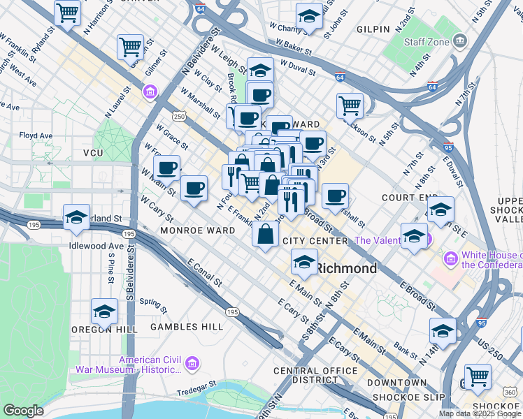 map of restaurants, bars, coffee shops, grocery stores, and more near 210 East Grace Street in Richmond