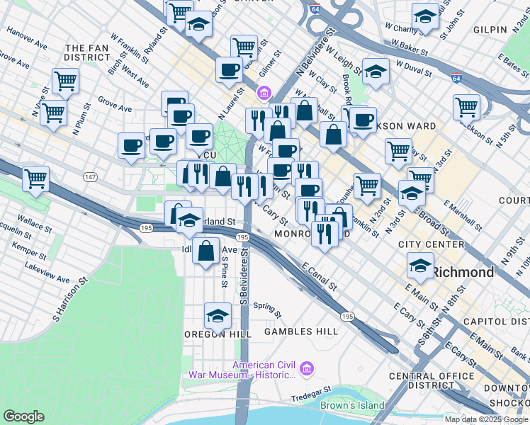 map of restaurants, bars, coffee shops, grocery stores, and more near 301 West Cary Street in Richmond