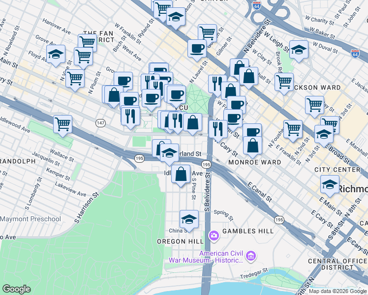 map of restaurants, bars, coffee shops, grocery stores, and more near 125 South Laurel Street in Richmond