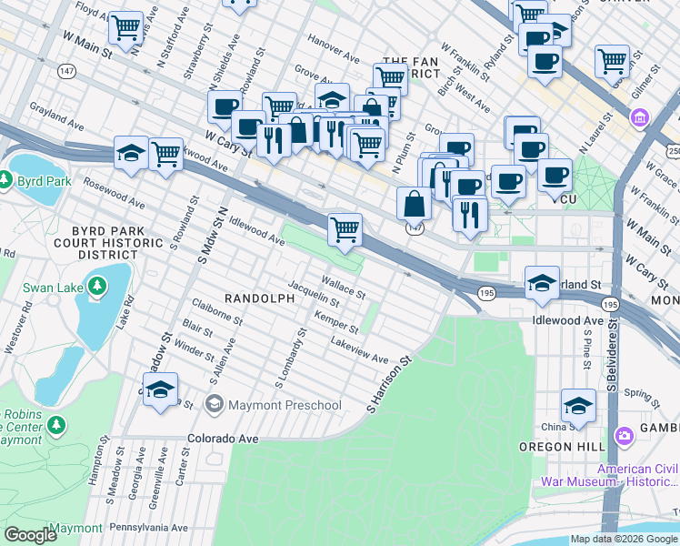 map of restaurants, bars, coffee shops, grocery stores, and more near 1505 Idlewood Avenue in Richmond