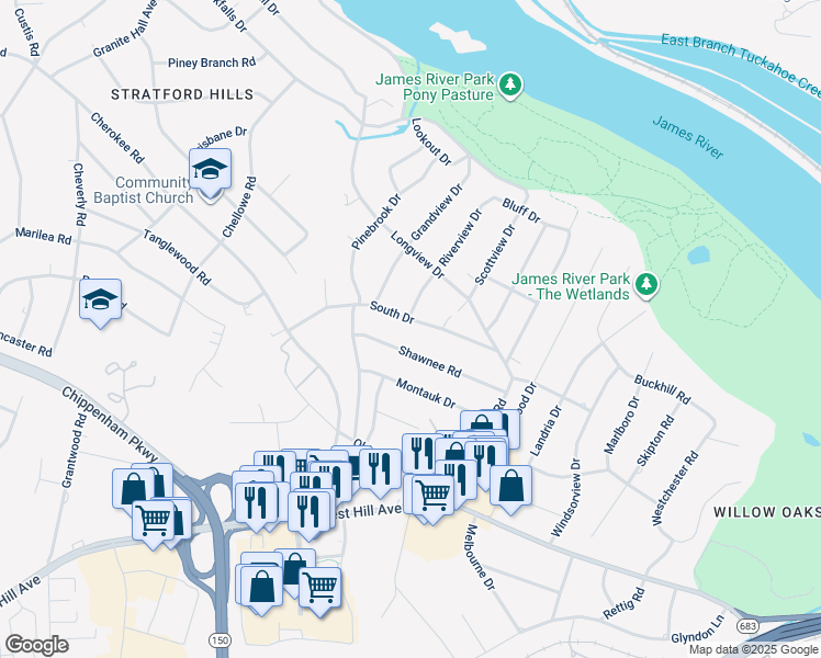 map of restaurants, bars, coffee shops, grocery stores, and more near 7029 South Drive in Richmond
