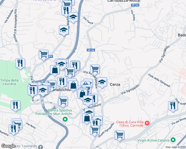 map of restaurants, bars, coffee shops, grocery stores, and more near 6 Via Convento del Carmine in Province of Catania