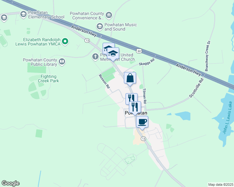 map of restaurants, bars, coffee shops, grocery stores, and more near 2219 Rosson Road in Powhatan