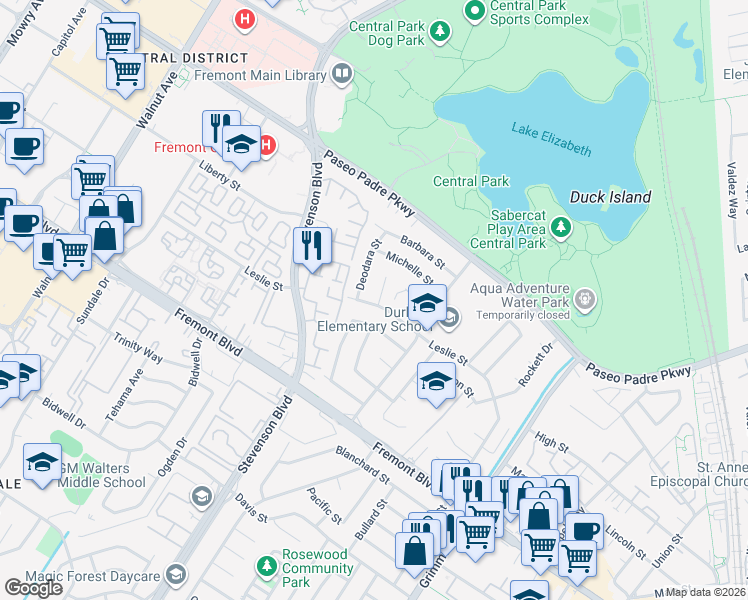 map of restaurants, bars, coffee shops, grocery stores, and more near 3493 Little Court in Fremont
