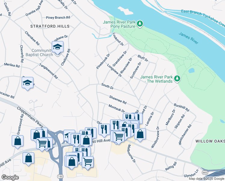map of restaurants, bars, coffee shops, grocery stores, and more near 7029 South Drive in Richmond