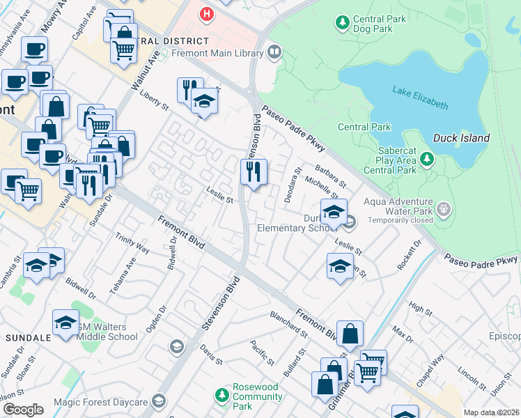 map of restaurants, bars, coffee shops, grocery stores, and more near 39939 Stevenson Common in Fremont