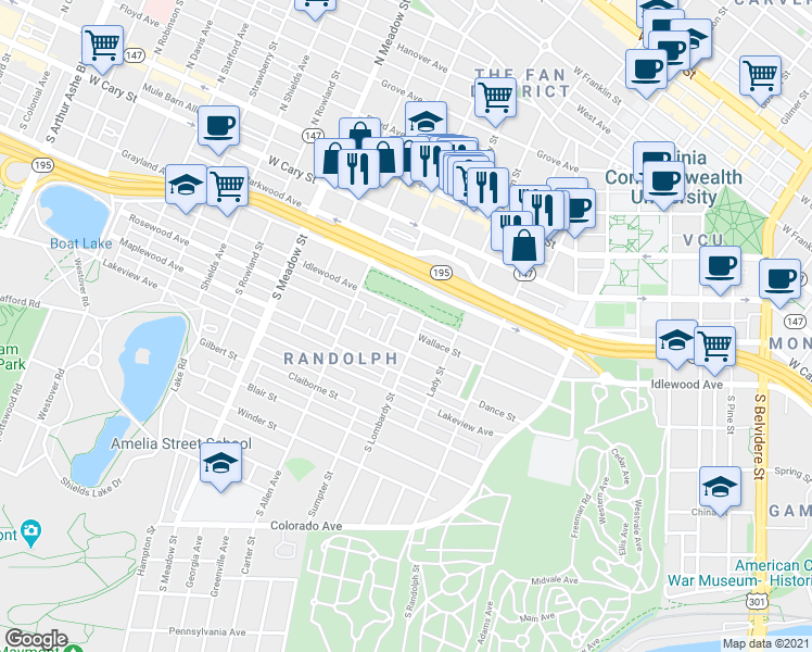 map of restaurants, bars, coffee shops, grocery stores, and more near 1608 Wallace Street in Richmond
