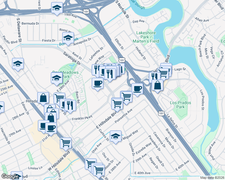 map of restaurants, bars, coffee shops, grocery stores, and more near 1000 Park Place in San Mateo