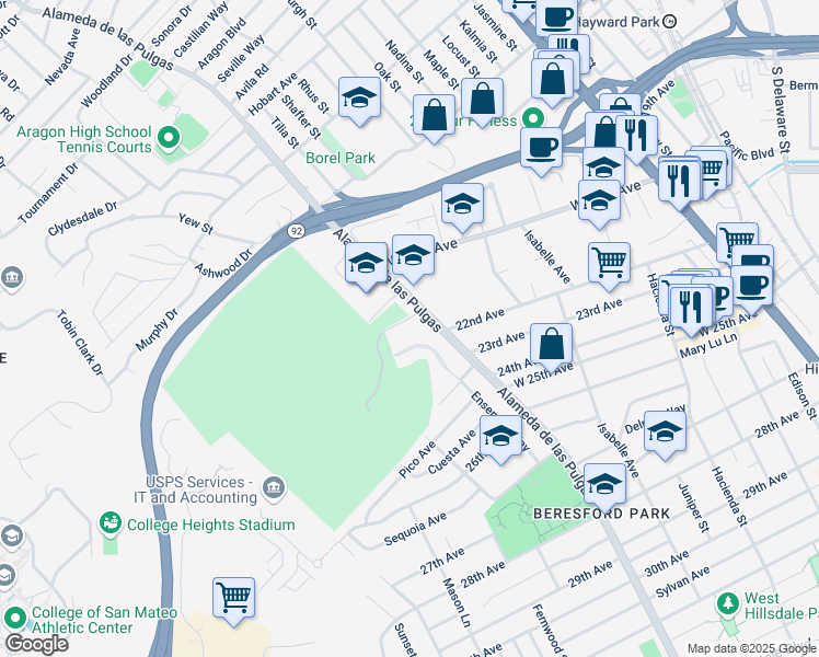 map of restaurants, bars, coffee shops, grocery stores, and more near 509 Madera Drive in San Mateo