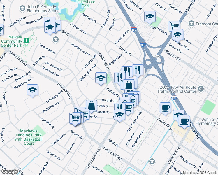 map of restaurants, bars, coffee shops, grocery stores, and more near 36638 Bishop Street in Newark