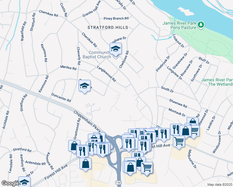 map of restaurants, bars, coffee shops, grocery stores, and more near 3140 Bradwill Road in Richmond