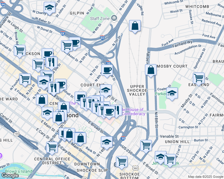 map of restaurants, bars, coffee shops, grocery stores, and more near 601 North 10th Street in Richmond