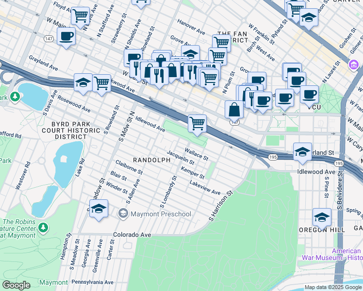 map of restaurants, bars, coffee shops, grocery stores, and more near 1608 Wallace Street in Richmond