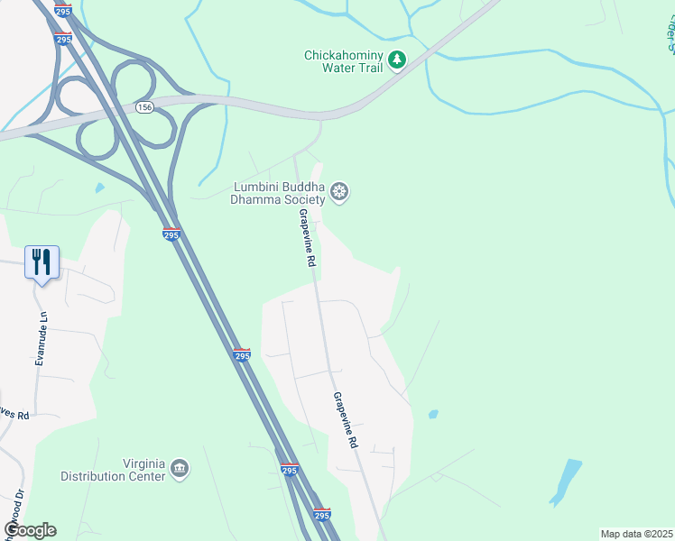 map of restaurants, bars, coffee shops, grocery stores, and more near 1221 Grapevine Road in Sandston
