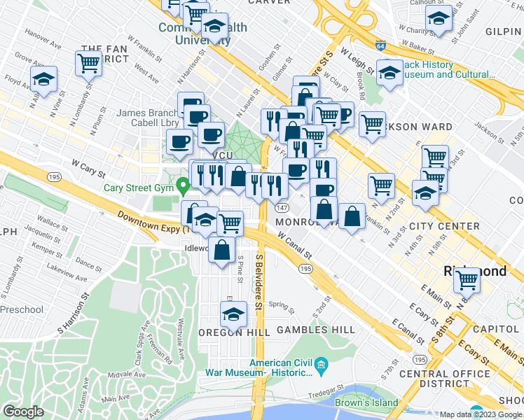 map of restaurants, bars, coffee shops, grocery stores, and more near 124 S Belvidere St in Richmond