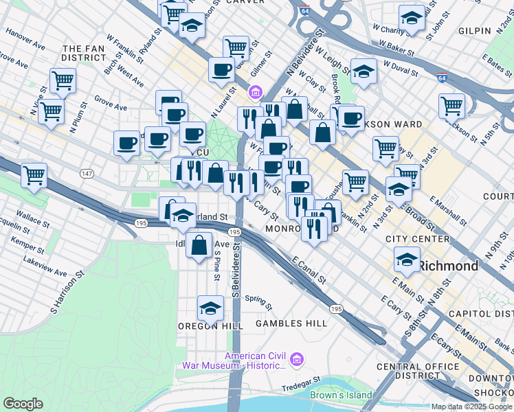 map of restaurants, bars, coffee shops, grocery stores, and more near 301 West Cary Street in Richmond