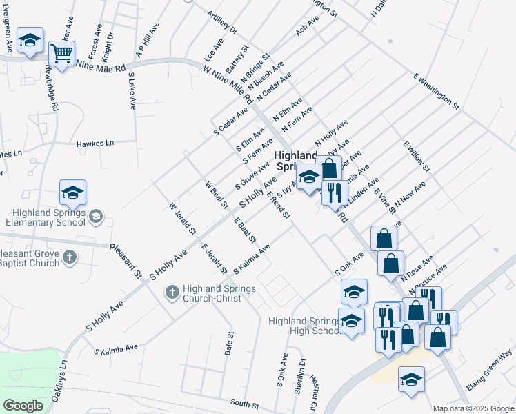 map of restaurants, bars, coffee shops, grocery stores, and more near 110 South Ivy Avenue in Highland Springs