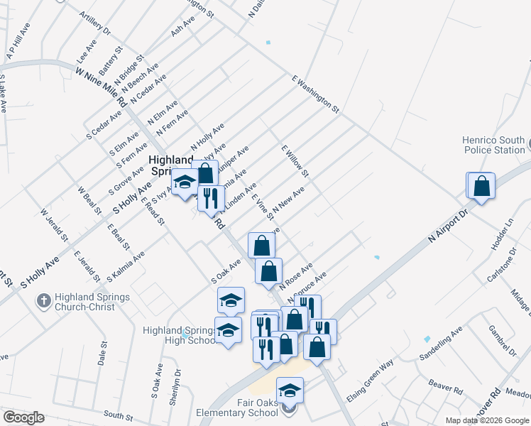 map of restaurants, bars, coffee shops, grocery stores, and more near 22 North New Avenue in Highland Springs