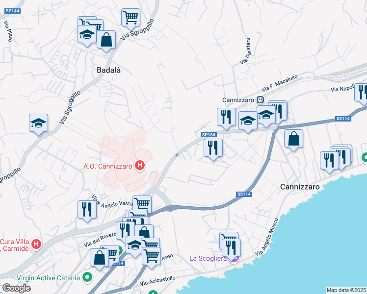 map of restaurants, bars, coffee shops, grocery stores, and more near 164 Via Firenze in Aci Castello