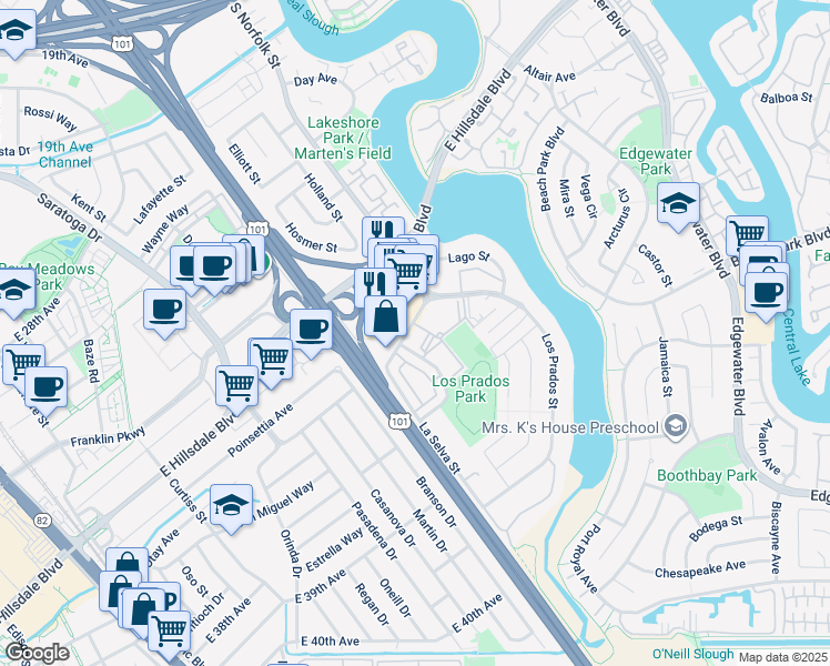 map of restaurants, bars, coffee shops, grocery stores, and more near 3055 La Selva Street in San Mateo