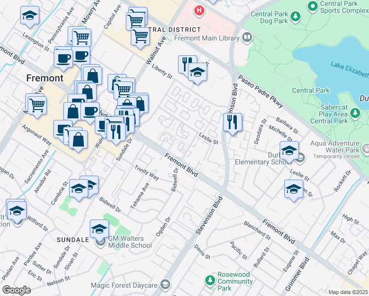 map of restaurants, bars, coffee shops, grocery stores, and more near 3939 Bidwell Drive in Fremont
