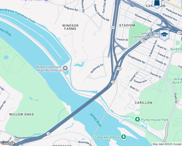 map of restaurants, bars, coffee shops, grocery stores, and more near Rothesay Circle in Richmond