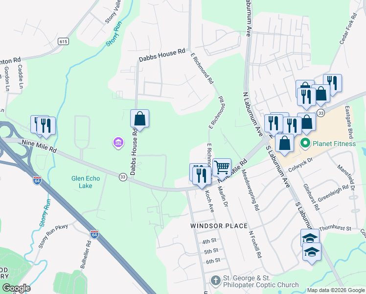 map of restaurants, bars, coffee shops, grocery stores, and more near 4114 Nine Mile Road in Richmond