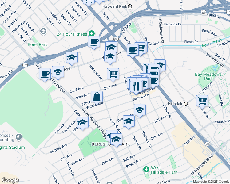 map of restaurants, bars, coffee shops, grocery stores, and more near 300 24th Avenue in San Mateo