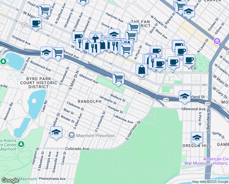 map of restaurants, bars, coffee shops, grocery stores, and more near 1521 Idlewood Avenue in Richmond