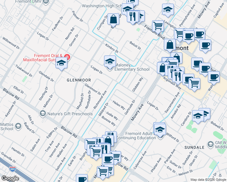 map of restaurants, bars, coffee shops, grocery stores, and more near 4583 Mildred Drive in Fremont