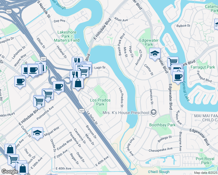 map of restaurants, bars, coffee shops, grocery stores, and more near 1855 El Parque Court in San Mateo