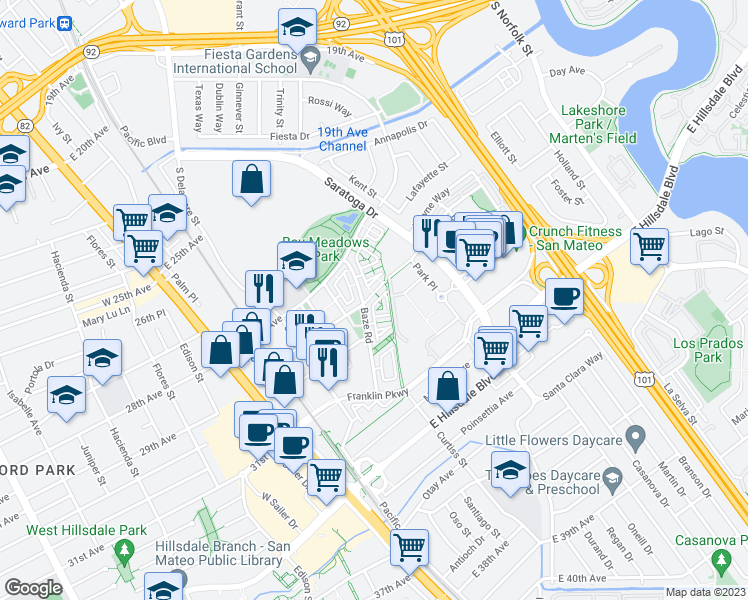 map of restaurants, bars, coffee shops, grocery stores, and more near 402 Longden Avenue in San Mateo