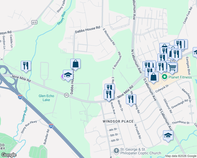 map of restaurants, bars, coffee shops, grocery stores, and more near 4114 Nine Mile Road in Richmond