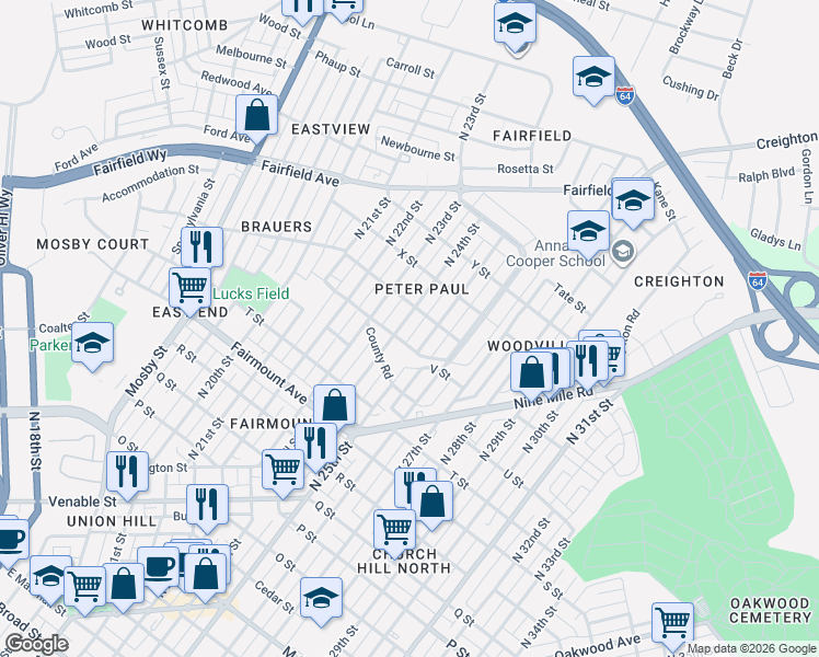 map of restaurants, bars, coffee shops, grocery stores, and more near 1516 North 24th Street in Richmond
