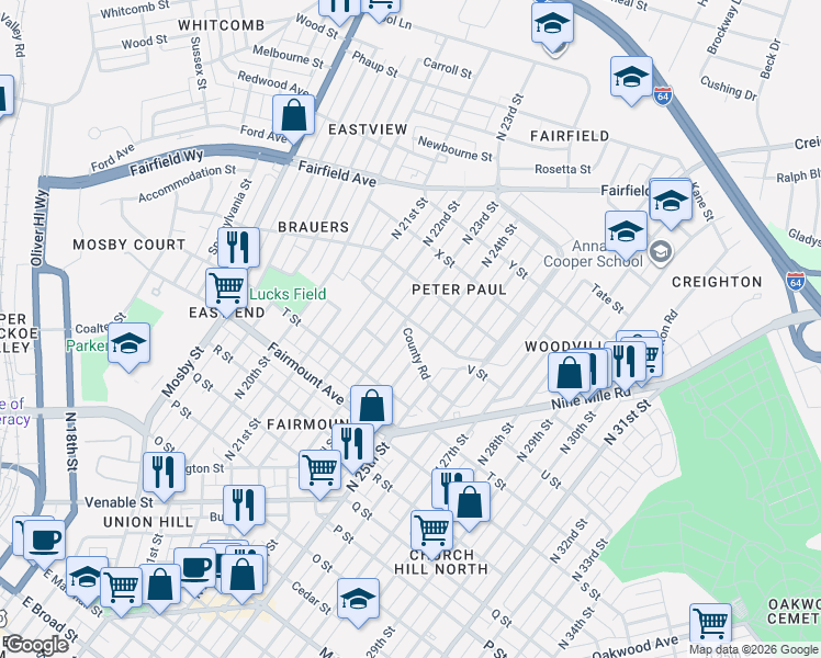 map of restaurants, bars, coffee shops, grocery stores, and more near 1516 North 24th Street in Richmond