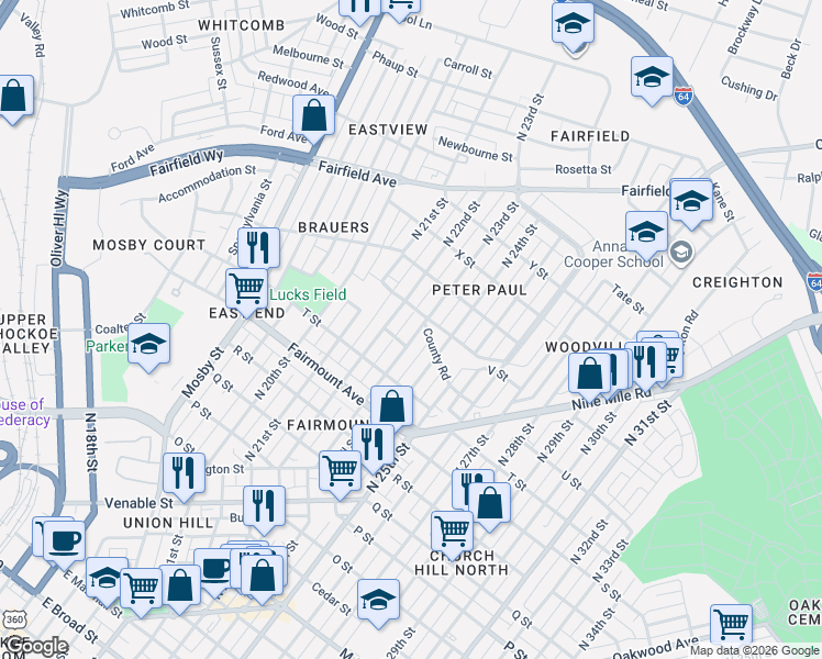 map of restaurants, bars, coffee shops, grocery stores, and more near 1506 North 23rd Street in Richmond