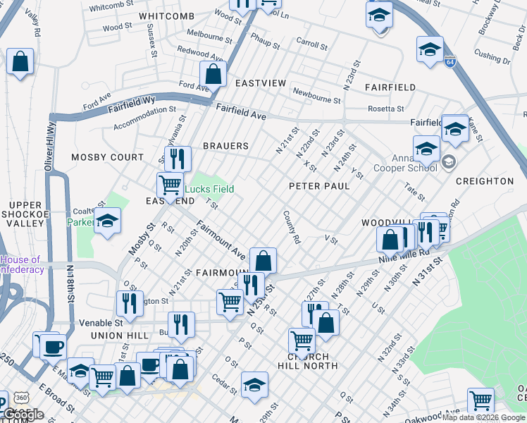 map of restaurants, bars, coffee shops, grocery stores, and more near 1506 North 23rd Street in Richmond