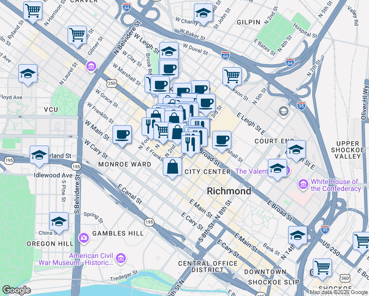 map of restaurants, bars, coffee shops, grocery stores, and more near in Richmond