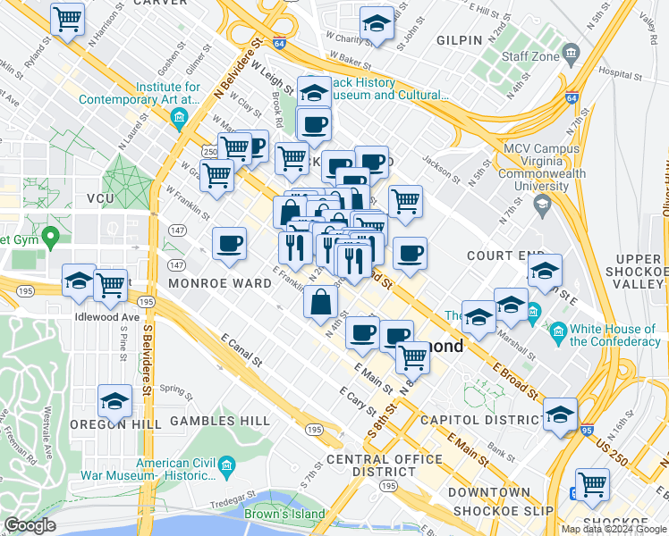 map of restaurants, bars, coffee shops, grocery stores, and more near 210 East Grace Street in Richmond